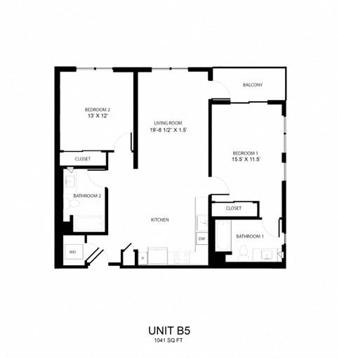 Floor plan for 2 beds, 2 baths, 1041 sqft